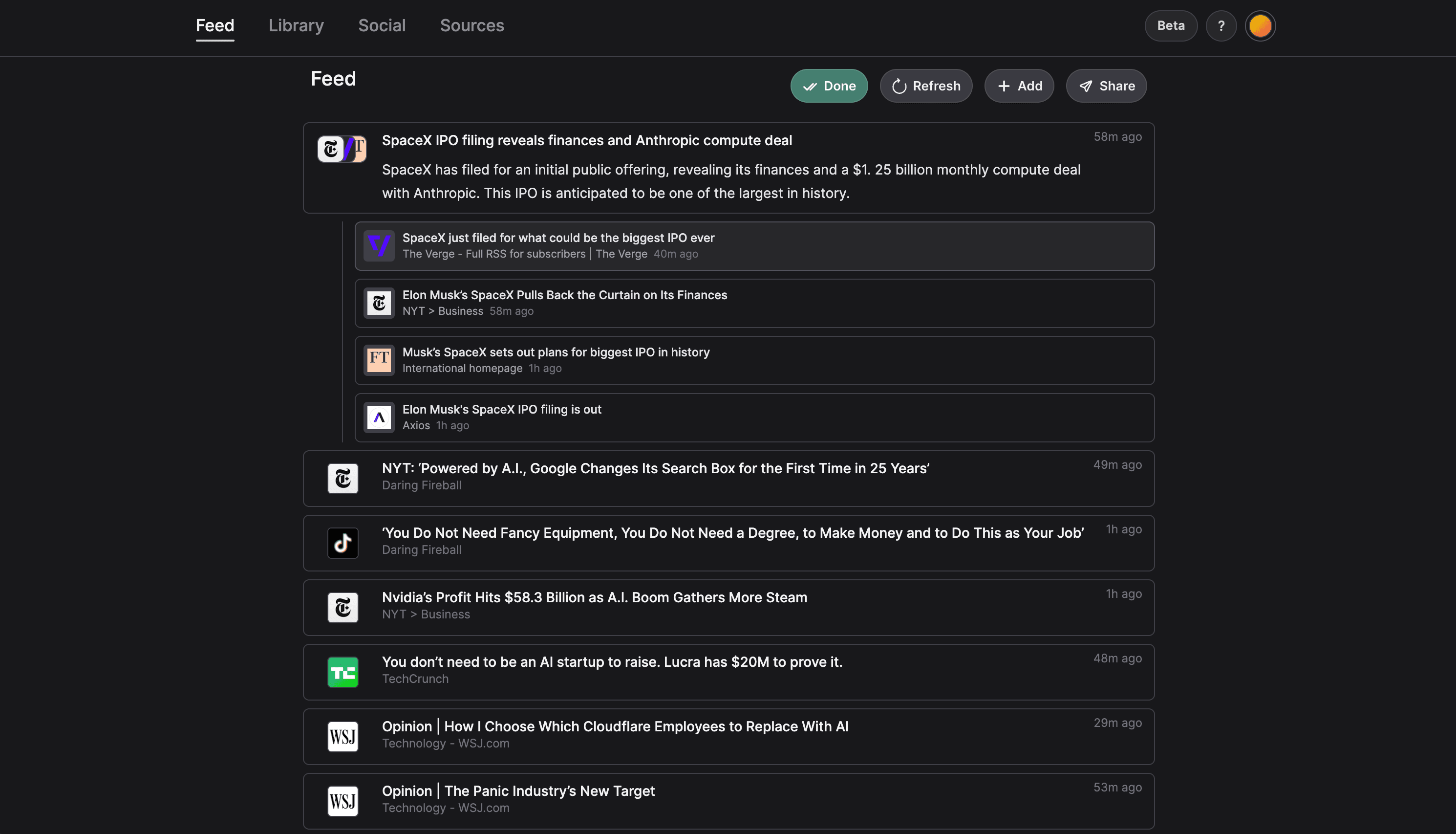 Syndicator feed in dark mode showing ranked and clustered news sources