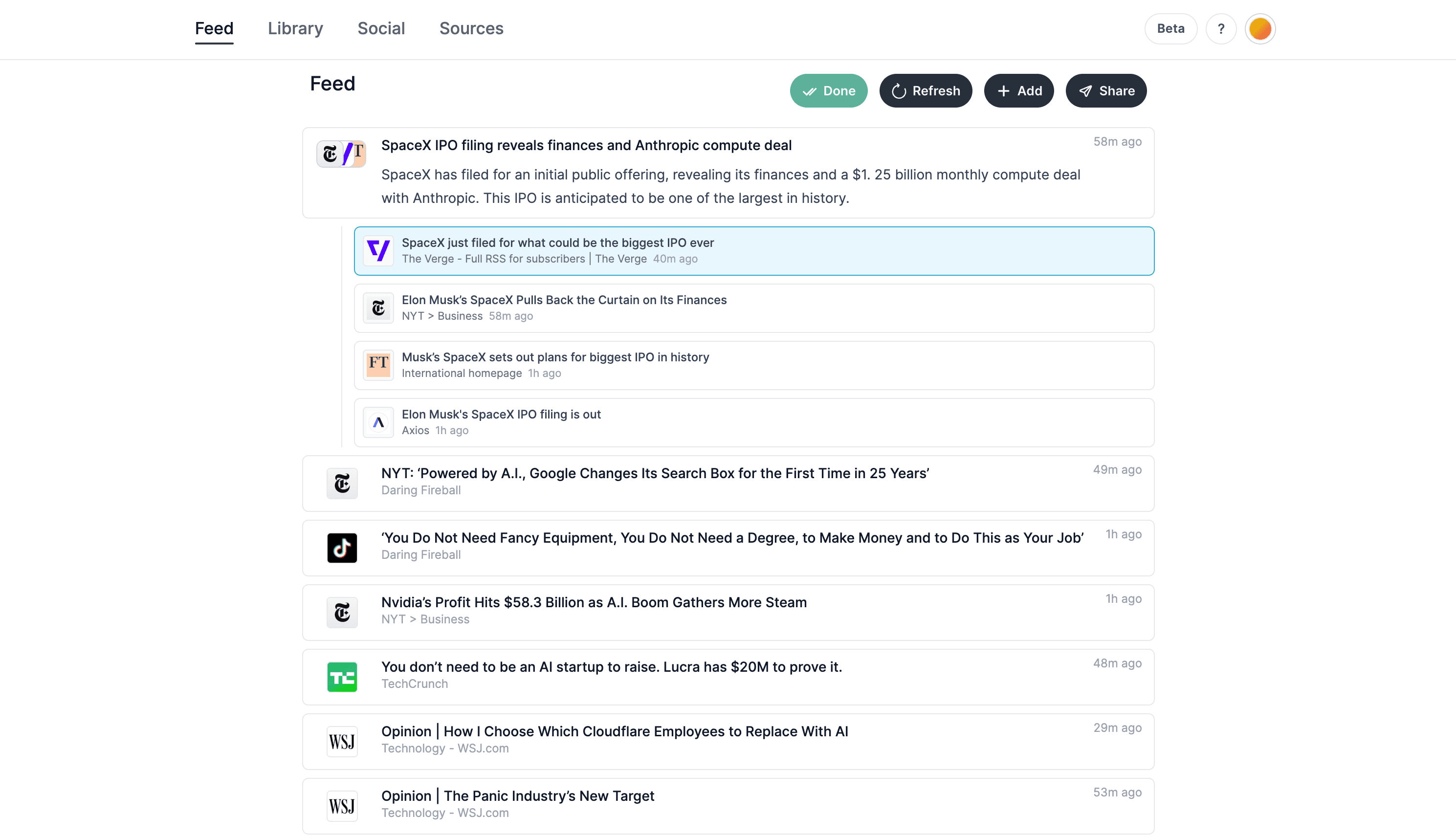 Syndicator feed showing ranked and clustered news sources